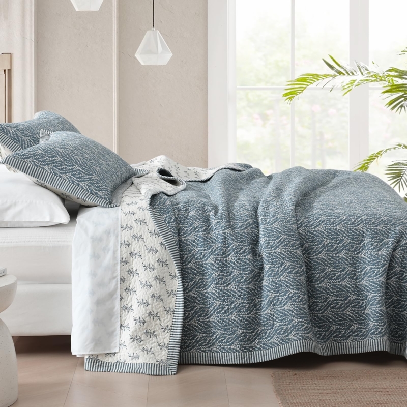 Grayish-Blue Botanical Print Quilt Set, Coastal Farmhouse Bedroom Layout