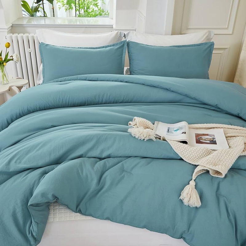 Grayish Teal Comforter Set, Box Stitch Quilting, 3-Piece, Modern