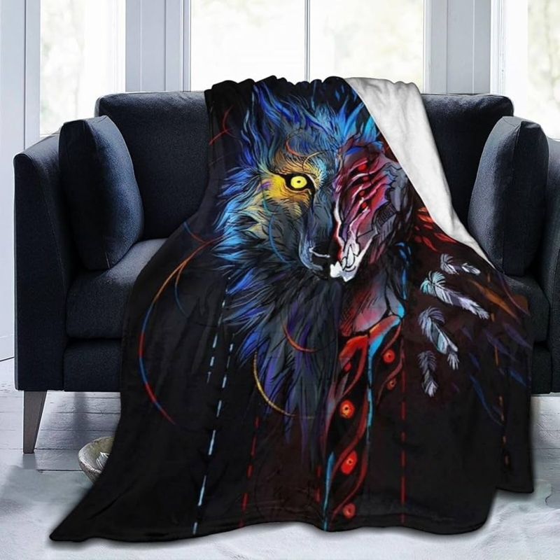 Grayscale Viking Wolf Throw Blanket, Norse Knotwork Graphic Print