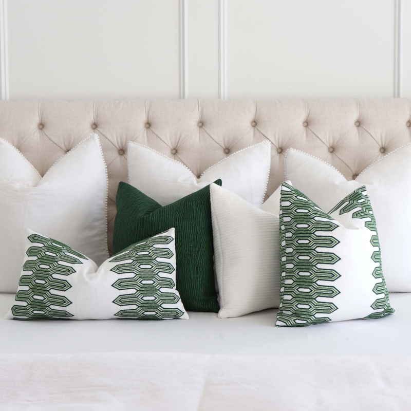 Green Geometric Embroidered Throw Pillow, White Base, Piped Edges, Preppy