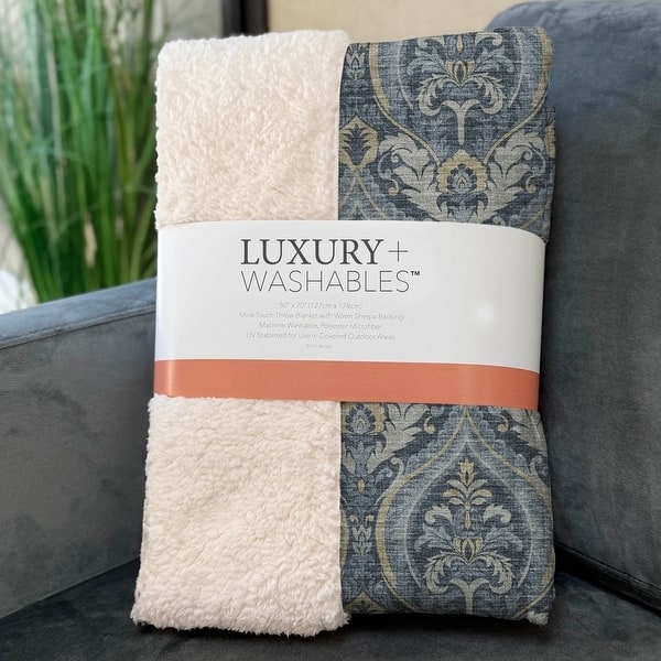 Grey and White Damask Throw Blanket, Sherpa Reverse, Cozy Reversible Blanket