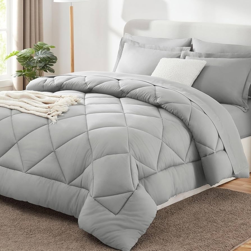 Grey Box Stitch Comforter Set for a Minimalist Bedroom with Grey Comforter