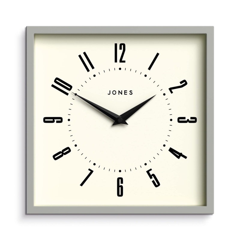 Grey Box Wall Clock with Minimalist Face and Red Hand