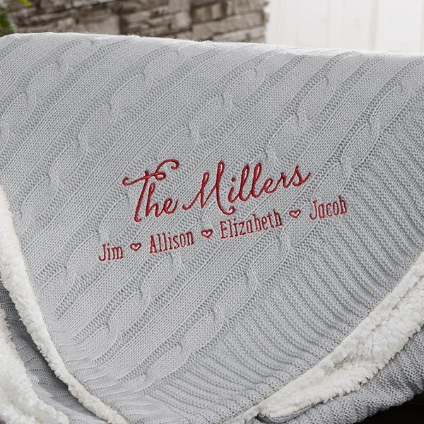 Grey Cable Knit Throw Blanket Personalized Embroidered Crest