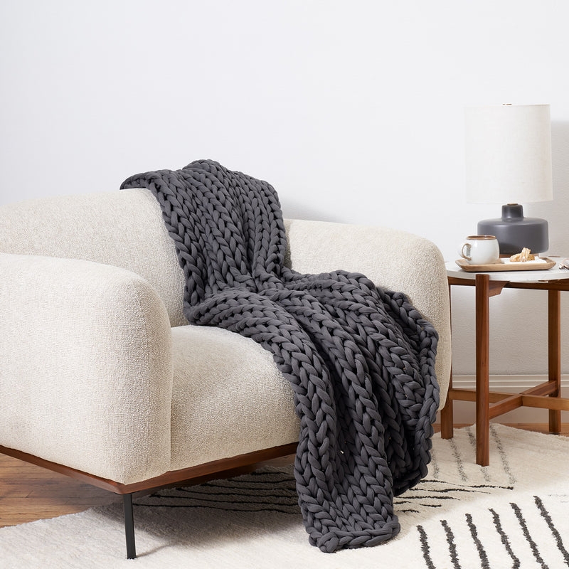 Grey Chunky Knit Weighted Blanket with Hand-Knitted Weave