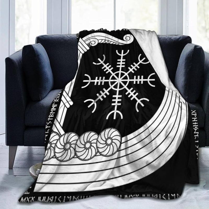 Grey Fleece Throw Blanket, White Norse Runes and Tree of Life Print