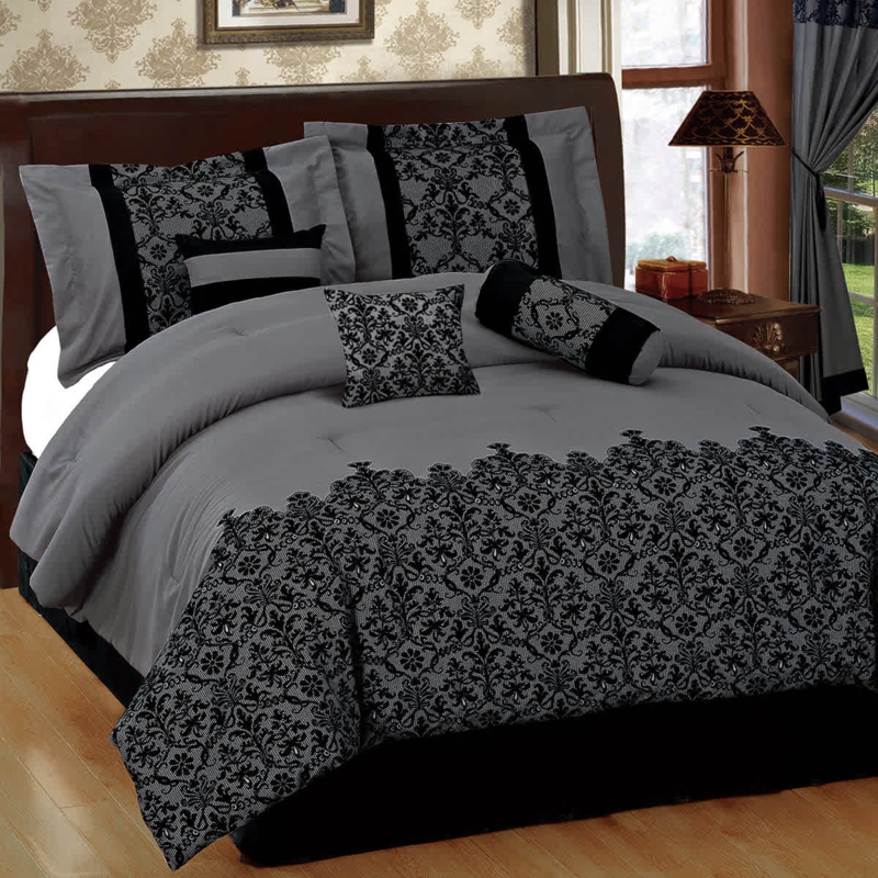 Grey Flocked Lace Pattern Comforter Set Glam Traditional Style