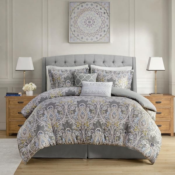Grey Geometric Tile Comforter Set with Pleated Pillow, Modern Coastal