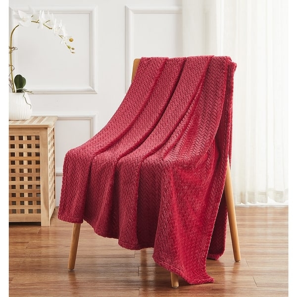 Grey Herringbone Plush Throw Blanket with Embossed Texture