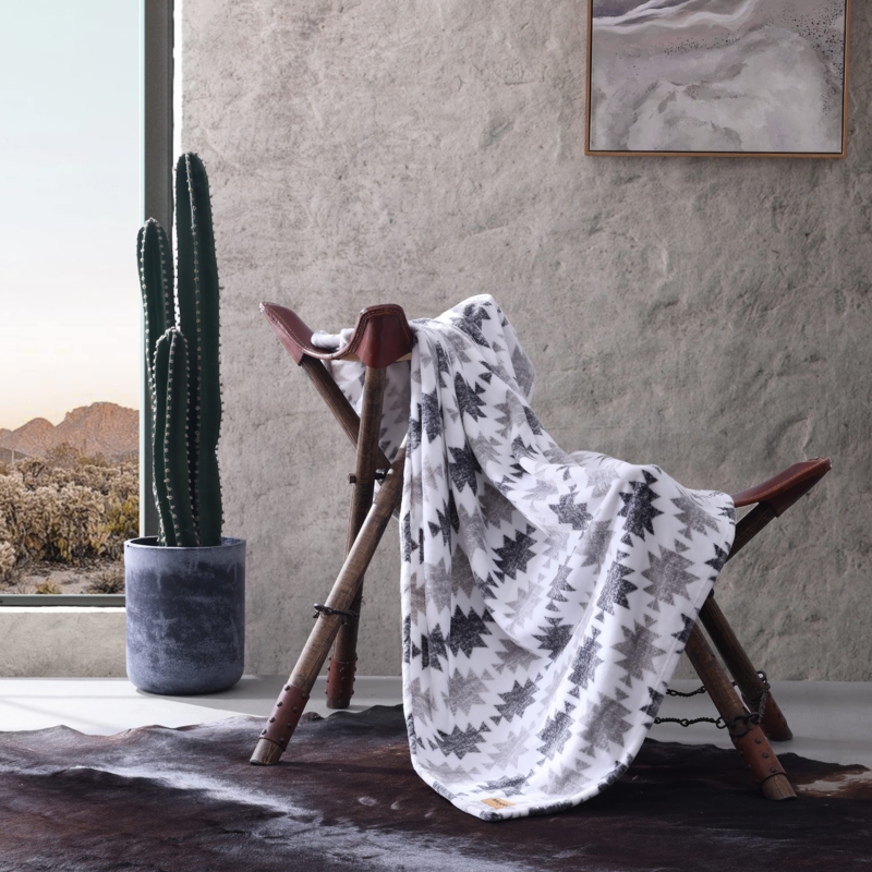 Grey Ikat Pattern Throw, Sherpa Lining, Reversible, Southwestern Rustic