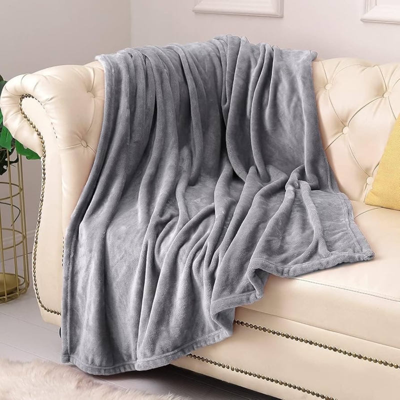 Grey Throw Blanket Waffle Grid Texture Plush Fleece Cozy Weave Decor