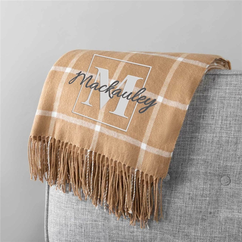 Grey Throw Blanket Windowpane Check Fringed Edges Personalized