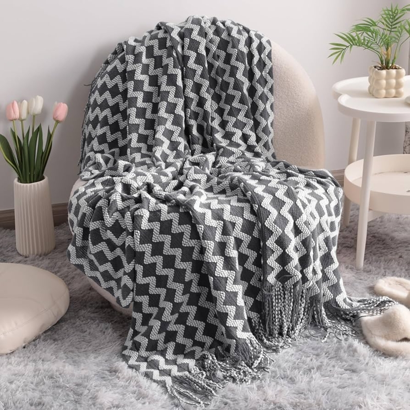 Grey Wave Pattern Knitted Throw Blanket with Tassels