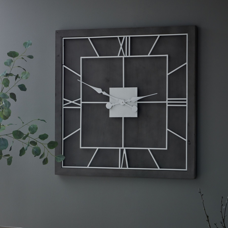 Grey Whitewashed Wall Clock with Rustic Square Frame