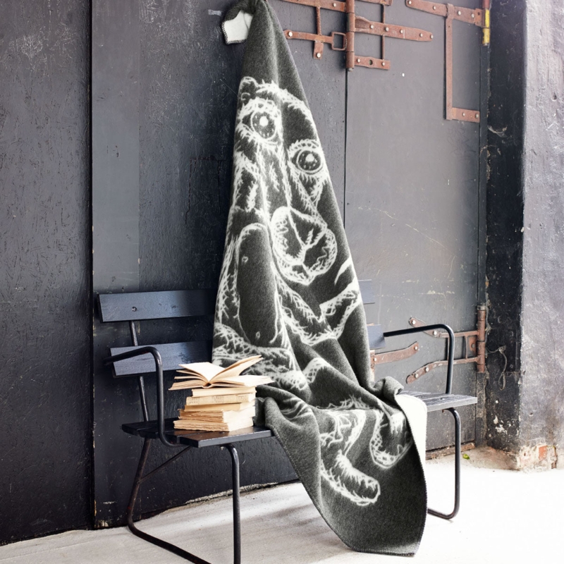 Grey Wool Woven Throw Blanket, Reversible Abstract Wavy Pattern