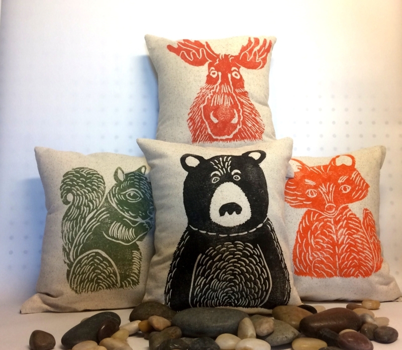 Hand Block Print Throw Pillows Woodland Animal Set on Linen