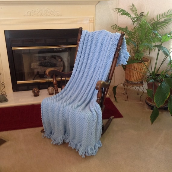 Hand Crocheted Blanket Shell Stitch Scalloped Edge Light Blue
