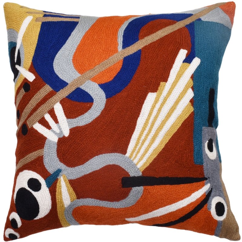 Hand Embroidered Geometric Cushion Cover in Wool-Like Chain Stitch