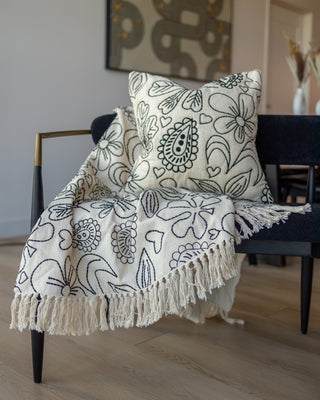 Hand Embroidered Throw Blanket Cream Multicolor Botanical Floral