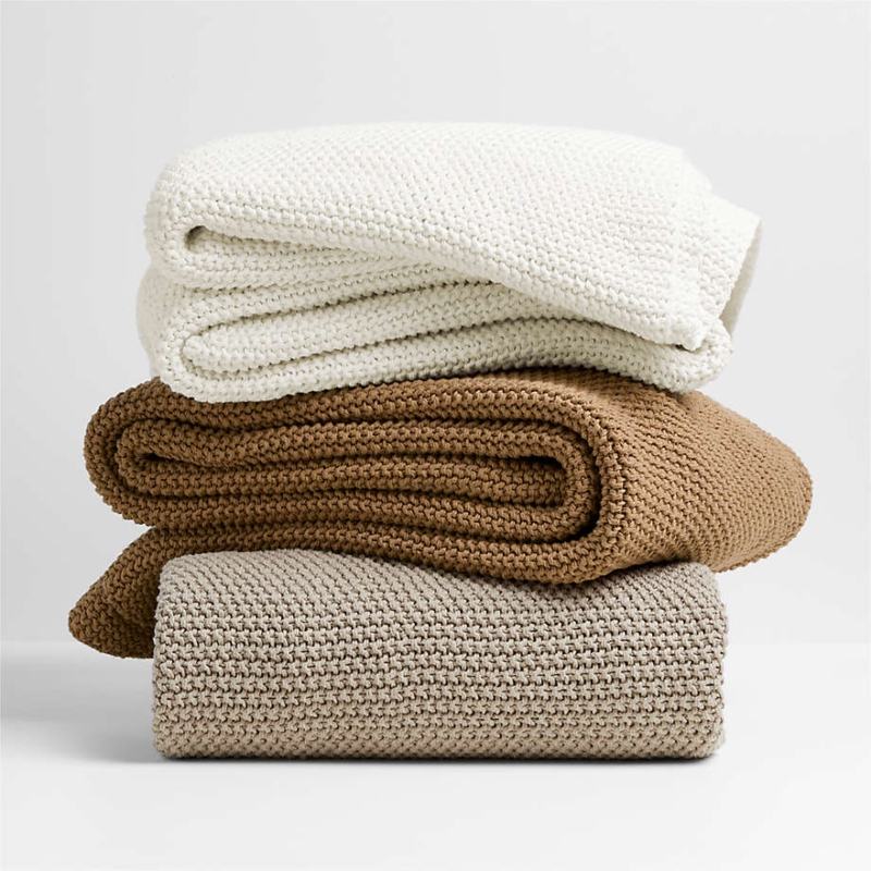 Hand Knit Throw Blanket Camel Brown Chunky Oversized Loops Rustic