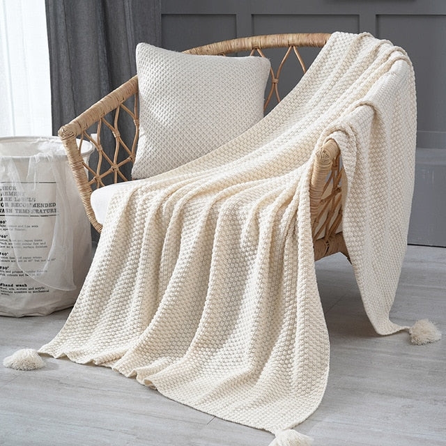 Hand Knitted Throw Blanket Pompom Tassels Ivory Chunky Loops