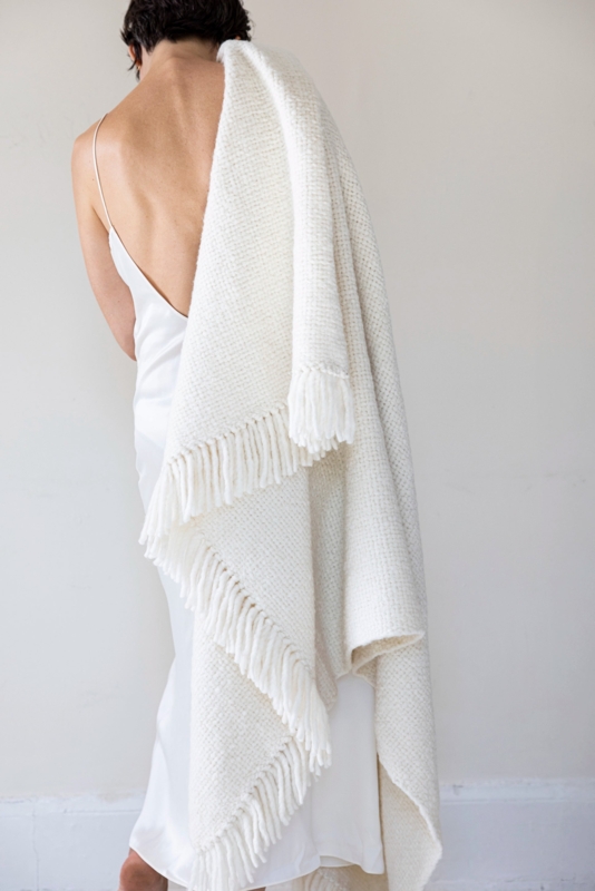 Hand Loomed Throw Blanket Ecru Wool Like Fringed Organic Modern