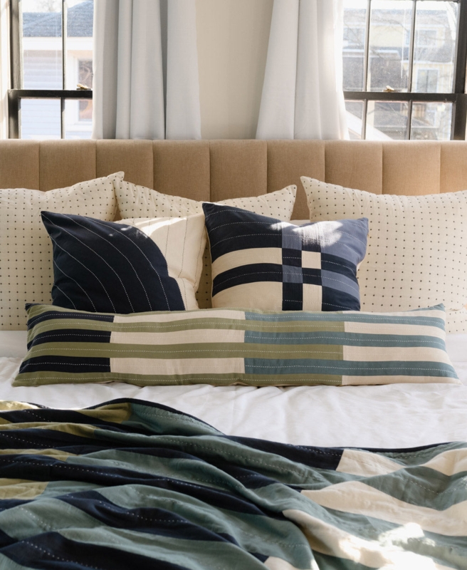 Hand Stitched Extra Long Lumbar Pillow Offset Stripes Navy