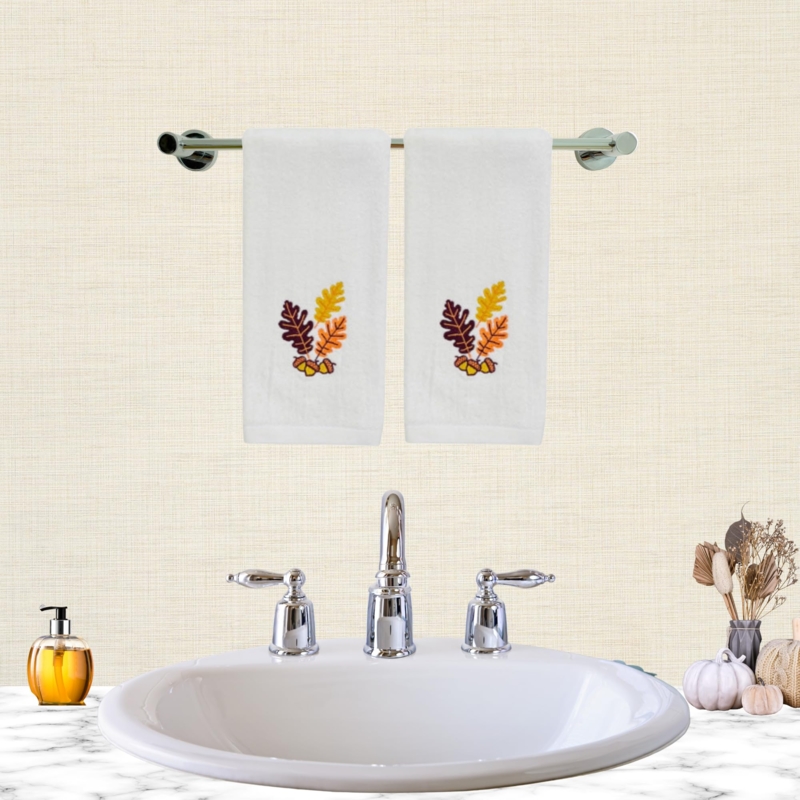 Hand Towel Acorn Motif Dobby Border, Rustic Towel Ladder Styling