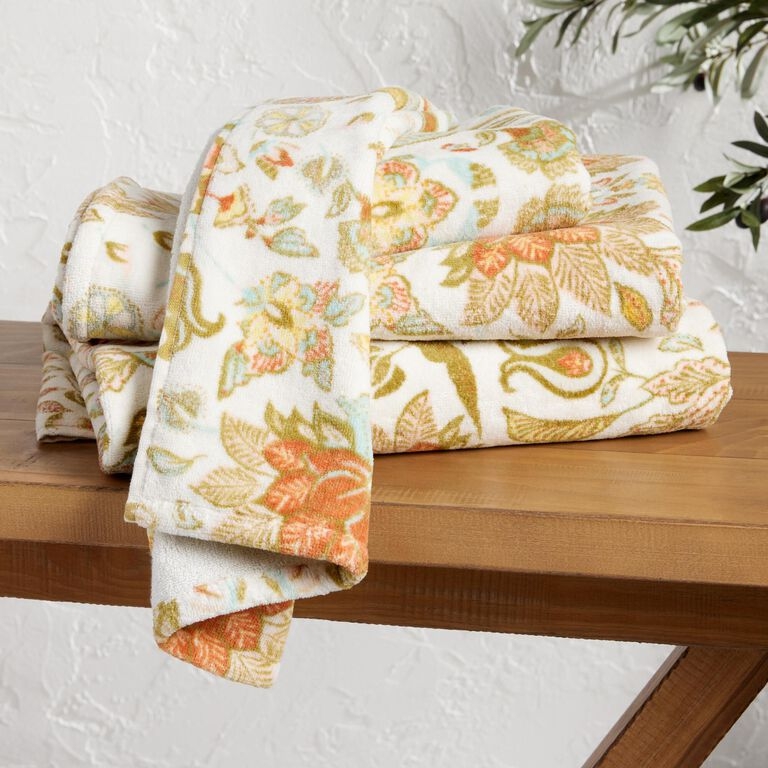 Hand Towel Botanical Floral Print Fringed Edges, Bohemian Style