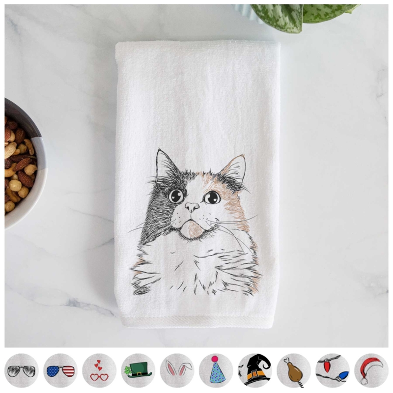 Hand Towel Calico Cat Graphic Cursive Typography Whimsical Woven