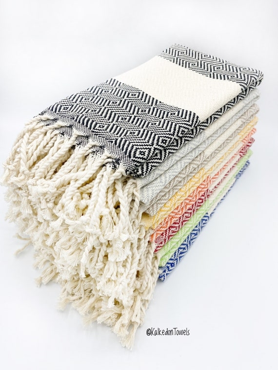 Hand Towel Diamond Pattern Fringed Edges Geometric Weave Boho Set