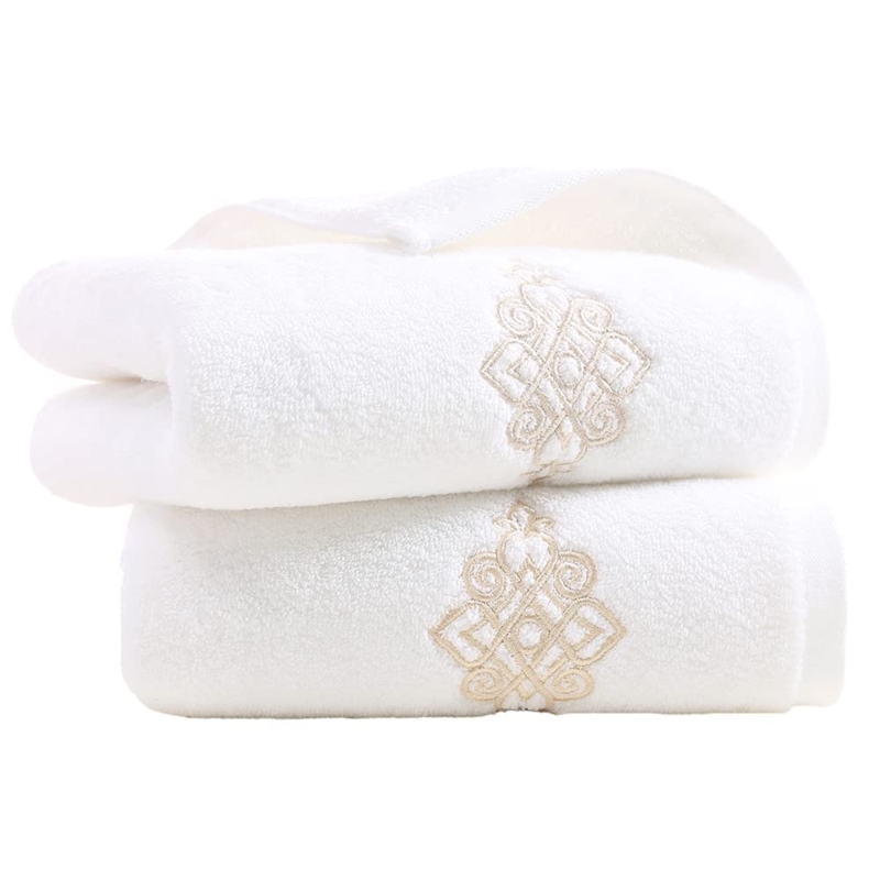 Hand Towel Embroidered Border White Terry Cotton Plush Pile