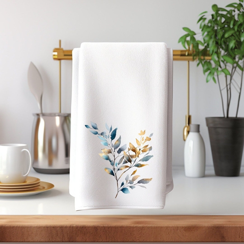 Hand Towel Gold Botanical Pattern Navy Blue Contrast Modern