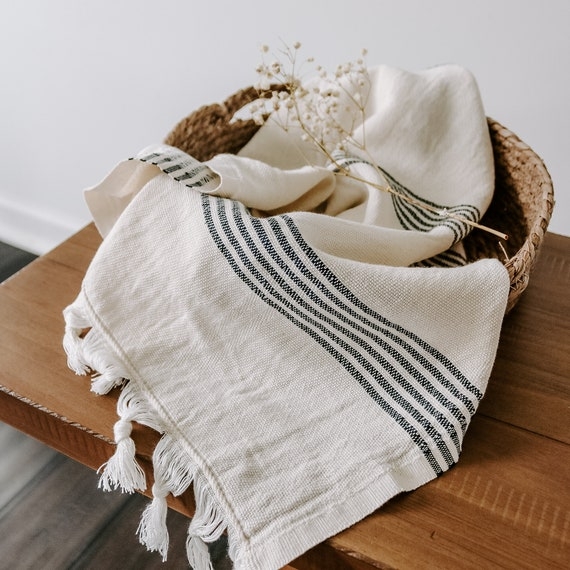 Hand Towel Multi Stripe Knotted Fringe Textured Woven Stack