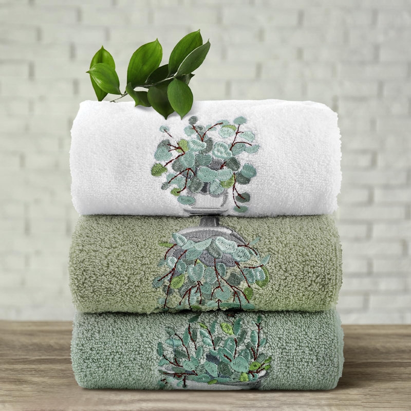 Hand Towel Set Botanical Embroidery Farmhouse White Cotton