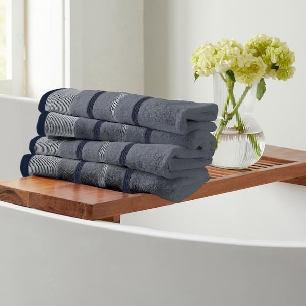 Hand Towel Set Chambray Blue Tone Decorative Woven Trim Coastal