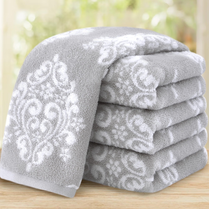 Hand Towel Set Charcoal Grey Damask Motif Four Piece Cotton