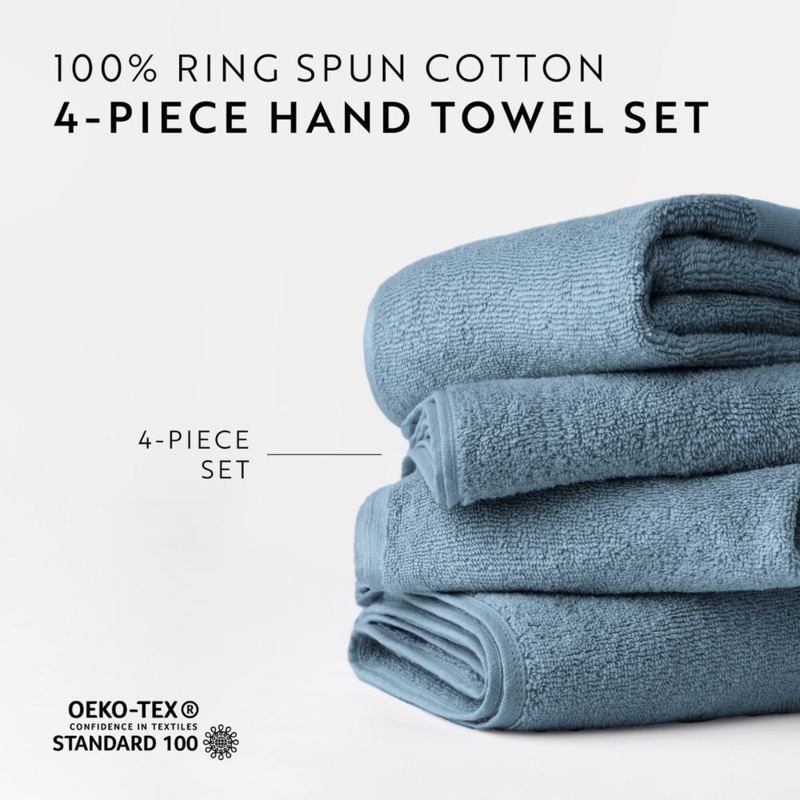 Hand Towel Set: Light Blue Cotton Terry Stacked on Marble Vanity