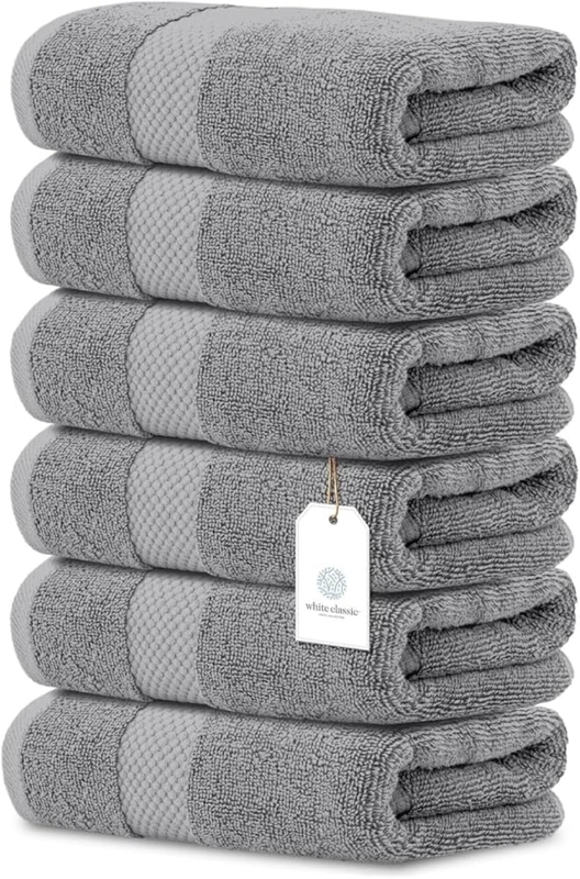 Hand Towel Set, Light Gray 6-Piece Cotton Terry with Ribbed Hem