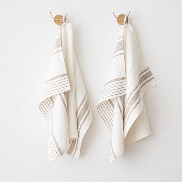 Hand Towel Set, Linen-Like, Grey Striped Border, Fringed Edge