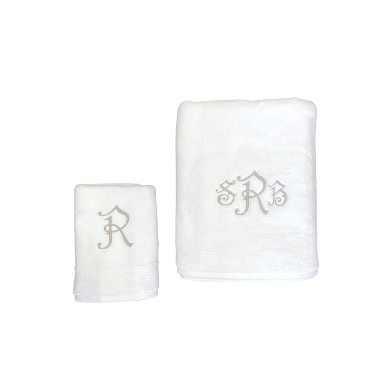 Hand Towel Set, Monogrammed Floral Embroidery, White Cotton Terry