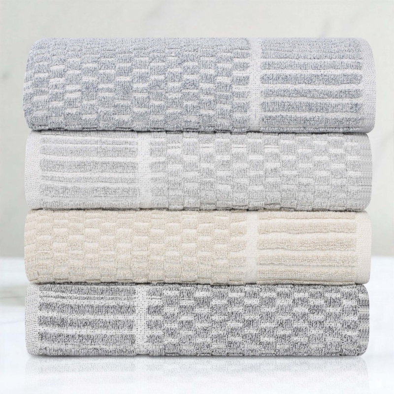 Hand Towel Set, Navy Blue Cotton Blend with Checkered Dobby Border