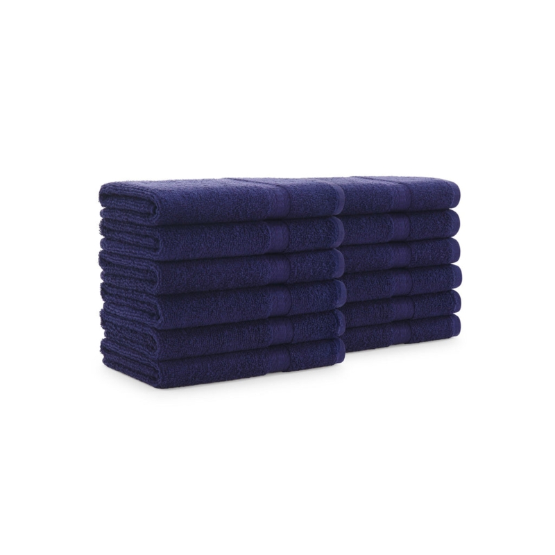 Hand Towel Set of Twelve, Navy Blue Terry with White Dobby Border.