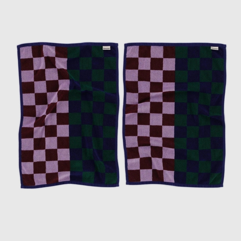 Hand Towel Set, Reversible Checkerboard Pattern in Jewel Tones.
