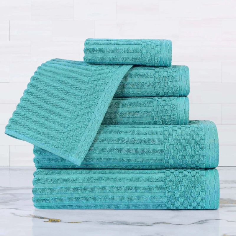 Hand Towel Set, Vibrant Turquoise Cotton Terry with Woven Dobby Border