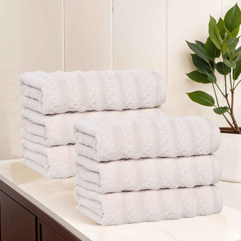 Hand Towel Set, White Zero Twist Cotton Plush Terry with Dobby Border