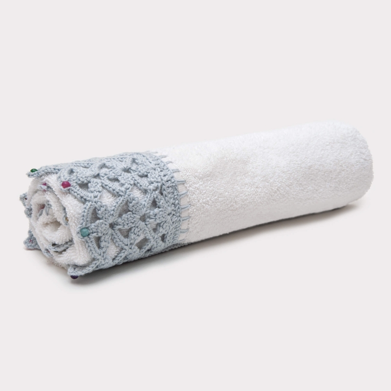 Hand Towel Stone Embellishment Beaded Trim White Terry Plush