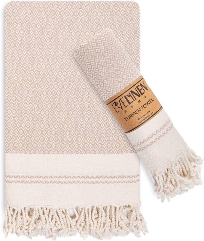 Hand Towel Turkish Fringe Neutral Stripes Boho Farmhouse Styling