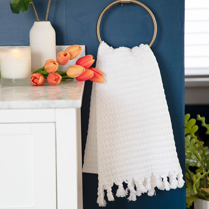 Hand Towel Waffle Weave Tassel Fringe White Cotton Modern