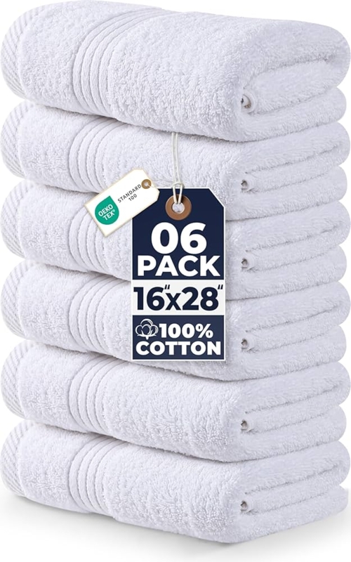 Hand Towel: White Cotton Terry Cloth, Dobby Border, Minimalist Styling